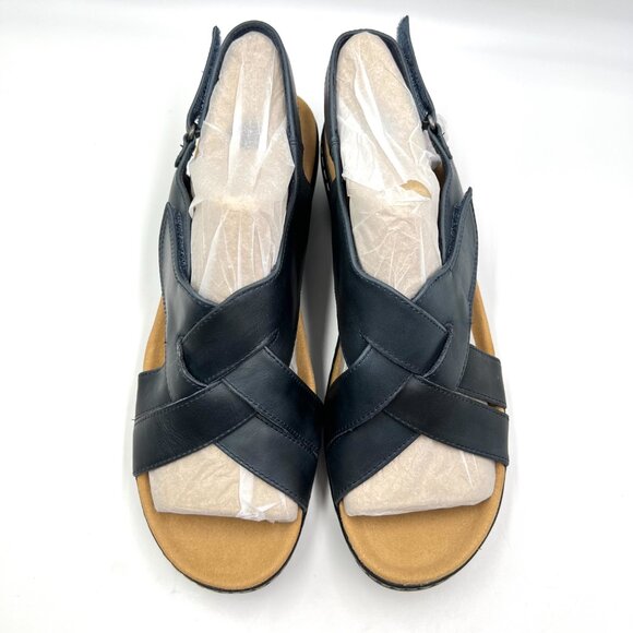 Clarks Womens Size 12‎ Merliah Echo Navy Blue Leather Low Wedges Sandals Shoes - Picture 3 of 14
